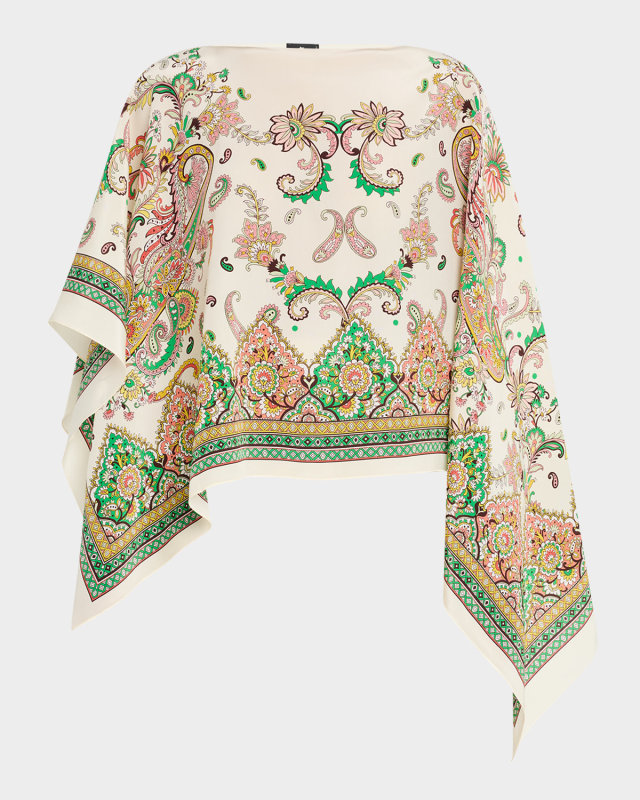 Paisley-Print Silk Asymmetric Poncho